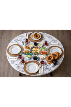 Alesta Life 80 Cm Çap - Beyaz Desenli Katlanabilir Yer Sofrası Hamur Açma Tahtası Oyun Masası - 21 Cm Yükseklik