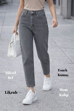 CEDY DENIM Mom Fit Jean Yüksek Bel Boyfriend Kesim Likralı Asit Gri Kadın Kot Pantolon C599-Karmelanj