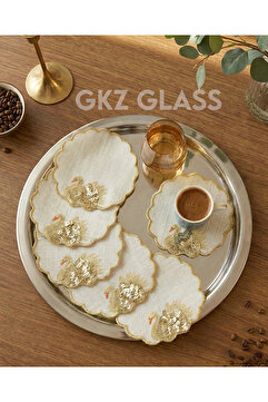 gkzglass home dekor 6 Adet Keten Kumaş Üzeri Nakışlı Kahve Yanı Kokteyl Peçetesi & Bardak Altlığı Sunumluk Peçetesi