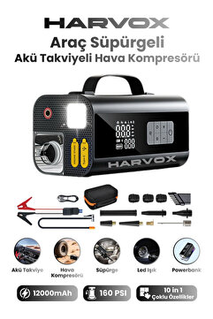 Bagajon Harvox Jump Starter Akü Takviye Cihazı 10 in 1 Powerbank, Hava Kompresörü, LCD EKRAN,12.000MAH