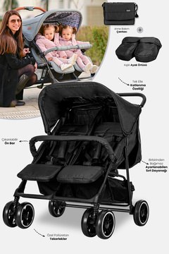LORELLİ Twin Ikiz Bebek Arabası –Black Green Bay