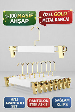 Onouqo Beyaz Ahşap Askı Kıyafet Elbise Ve Etek Pantolon Askısı Özel Seri Gold Amerikan Kanca 6 Adet.