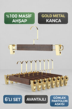 Onouqo Ahşap Askı Mandallı Pantolon Askısı Etek Askısı 1.Kalite Ultra Lüks Pantolon Askısı 6 Adet.