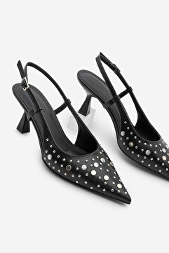 Marjin Kadın Stiletto Sivri Burun Zımbalı Troklu Arkası Açık Klasik Topuklu Ayakkabı Rofen Siyah