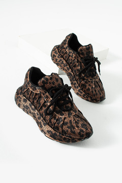diclepolat Kadın Leopar Taşlı Kalın Taban Bağcıklı Spor Ayakkabı Sneaker Joya