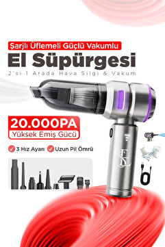 EN SİGA El Süpürgesi 20.000 PA Üflemeli Güçlü Vakumlu Ev Ofis Araç 7 Parça Şarjlı Çok Fonksiyonlu