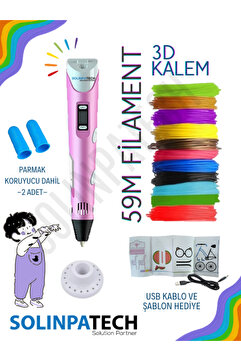 SolinpaTech Pembe 3d Kalem 3d Pen Yazıcı Kalem | Çok Renkli (toplam 59 Metre) Filament Usb Kablo