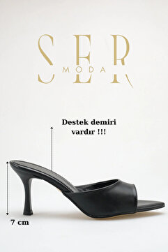 sermoda Topuklu Kadın Terlik - 7 cm İnce Topuklu Sivri Burun Kadın Terlik Siyah