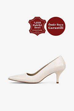 Grasyano Hakiki Deri Stiletto Ekru Krem Sivri Burun Yumuşak Deriden Sade Konforlu 6 Cm Ince Topuklu Stiletto