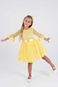 AHENGİM Kids Kız Çocuk Tokalı Ve Tül Dantel Trend Abiye Elbise Ak2209