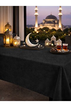 FAVOLLİ Kadife Dokulu Siyah Renk Masa Örtüsü Lüks Dikdörtgen Salon ve Yemek Masası Örtüsü