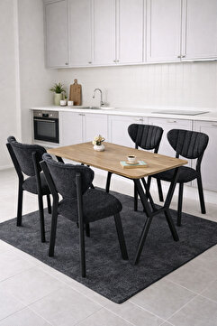 Lumodi Mobilya Masa Sandalye Takımı, 4 Sandalye 1 Sabit Ceviz Masa 110x70 Cm, Keten Kumaş