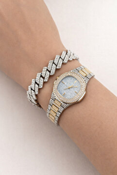 laria jewelry Taşlı Gold Iced Out Saat Ve Küba Bileklik Seti