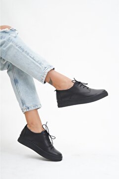 Deripabuc Hakiki Deri Siyah Siyah Kadın Deri Sneaker VNS-M01