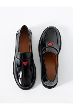 cevaplus Noir Amour Kalp Detaylı Siyah Rugan Kadın Loafer Hakiki Deri