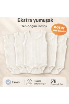 Novibaby 5'li Ribana Bebek Atlet Body Zıbın Raporlu Çıtçıtlı Beyaz 100% Pamuk - Ribana Bebek Body