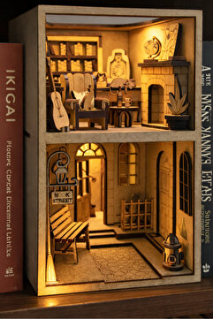 ALGWOOD Nook Street Book Nook Ahşap Maket – Işıklı Kitaplık Arası Mini Sokak Diorama-3D Ahşap Diorama Maket