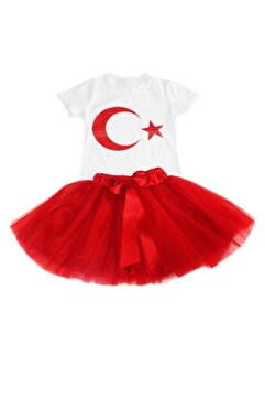 Genel Markalar Kız Çocuk 23 Nisan 29 Ekim Gösteri Kıyafeti Desenli Kısa Kol Beyaz T-shırt Tütü Etek Takım