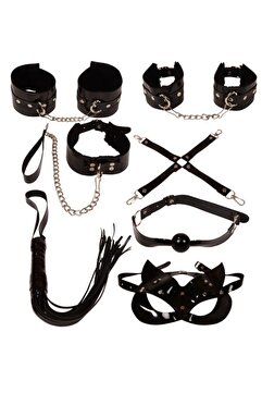 Meraklı Accessorize Rugan Parlak Deri Siyah-siyah Harnes Fantazi 7'li Kelepçe Kırbaç Set