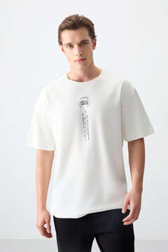 Air Jones Ekru %100 Pamuk Kalın Yumuşak Dokulu Oversize Fit Baskılı Erkek T-Shirt - 88355