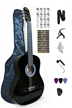müzikhane 4/4 39 İnç Siyah Klasik Gitar Seti Sap Ayarlı Kılıf Askı Pena Kapo Sticker Çevirici