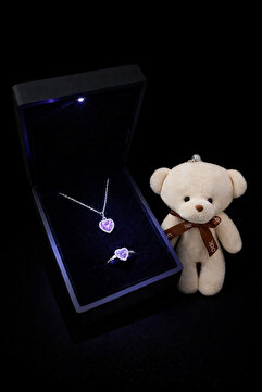 Nutly Accessories IşıklıKutuda Kalpli Kolye Yüzük Seti Ciddi İlişki Sevgililer Günü Hediyesi Yılbaşı Hediyesi
