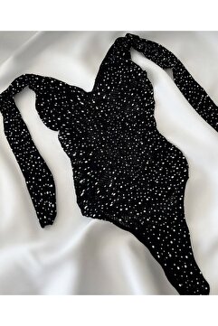 GECELİKS Kadın Siyah Taşlı Fantezi Yarım Babydoll Kollu Bodysuit
