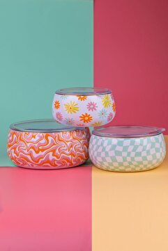 EMAYlab Retro Hippie Emaye 3'lü Tombul Saklama Kabı Seti (TÜM OCAK TİPLERİNDE KULLANILABİLİR)