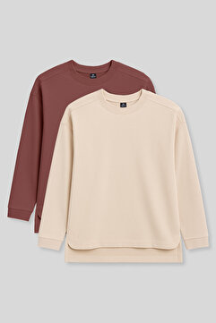 TOMMY LIFE Rahat Form O Yaka 2li Paket Bej-Kahverengi Kadın Tunik Sweatshirt - 97305