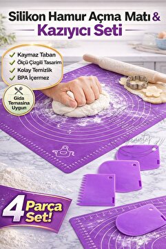 İndirimKap 2'li Set 40x50 cm Silikon Hamur Açma Matı Ve 3'lü Hamur Kesici Kazıyıcı Set