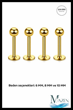 MAZEN 316l Cerrahi Çelik 4'lü Set Tek Top Gold Renk Tragus, Helix, Dudak Piercing