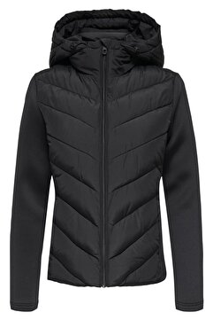 moda armanc Kadın Kapüşonlu Siyah Şişme Mont Scuba Kol Detaylı Range Rover Mom Ceket