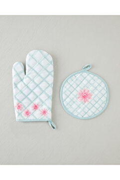 English Home Bright Floral 2'li Fırın Eldiveni ve Tutacak Seti Pembe - Yeşil