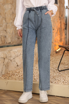 İmajButik Mavi Bel Lastikli Çimalı Kot Pantolon