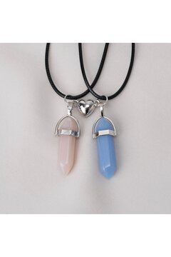 Zuum Accessories 2 li Pembe , Mavi Doğal Taş Kalp Detay Mıknatıslı İp Kolye , Arkadaşlık Kolyesi , Best Friends