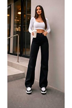 TRENDNATUREL Tessa Gold Ikon 90's Siyah Likralı Süper Extra Yüksek Bel Palazzo Salaş Jean Pantolon