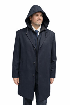 CLAYVIR Lacivert.BÜYÜK BEDEN(2XL-3XL-4XL-5XL)(5.6.7.8)numara.BOL KESİM,YELEKLİ,KAPŞONLU,DİZ ÜSTÜ,KAŞE PALTO.