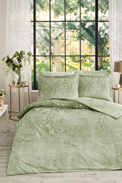 Özdilek White Sakura King Size Lastikli Çarşaf Nevresim Takımı Yeşil