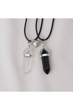 Zuum Accessories 2 li Şeffaf , Siyah Doğal Taş Kalp Detay Mıknatıslı ip Kolye , Arkadaşlık Kolyesi , Best Friends