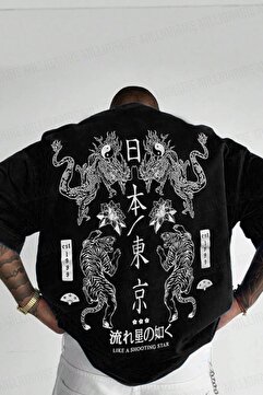 Teenage Millionaire Erkek Dragon Baskılı Siyah Bisiklet Yaka Oversize Salaş T-Shirt