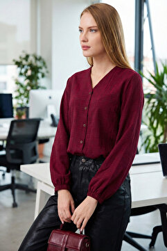 armonika Kadın Bordo Kolu Lastikli Bürümcük Gömlek ARM-24K001002