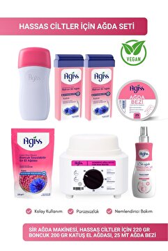 AGISS Ağda Makineleri, Hassas Ciltler İçin 220 Gr Boncuk İnci, 200 Gr Kartuş El Ağdası, 25m Ağda Bezi