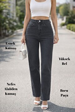 CEDY DENIM Kadın Boru Paça Yüksek Bel Regular Fit Likralı Pantolon-C607-Gri