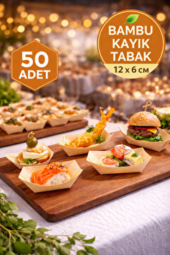 TOYFEST 50'li Pkt Mini Bambu Kayık Tadım Tabağı 12x6 cm – Kokteyl Sunum Tabağı Catering Parti Servis Tabak
