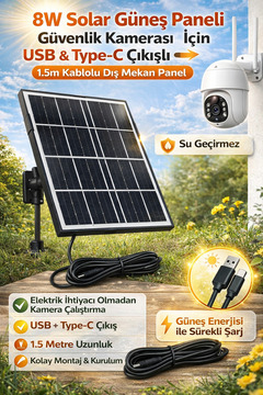 TRCharger 8W Solar Güneş Paneli Güvenlik Kamerası İçin USB & Type-C Çıkışlı 1.5m Kablolu Dış Mekan Panel