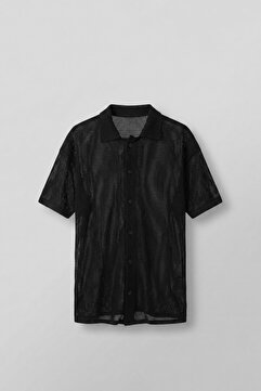 ablukaonline Erkek Oversize Esnek File Triko Gömlek Siyah
