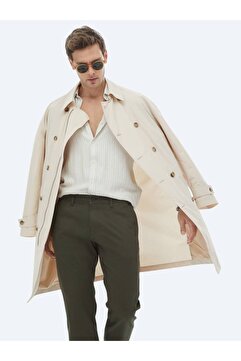 Kip Açık Bej Oversize Fit Kruvaze Yaka Casual Dokuma Pardösü
