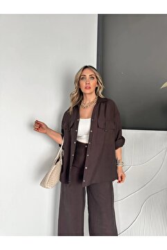 QİMYA BUTİK EGZOTİK ASORTİK Kadın V Yaka İri Cebi Çıt Çıt Detaylı Bel Arkası Lastikli Pantolonlu İnce Gömlek & P