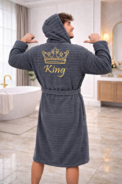 DM Velrobe Home Collectıon Battal Boy Pamuklu kapusonlu KİNG NAKIŞLI yetiskin Bornoz