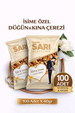 Önder Sarı Kuruyemiş Normal Karışık Düğün Ve Kına Çerezi Kişiselleştirebilir Kuruyemiş Paketi 40 gr X 100 Adet